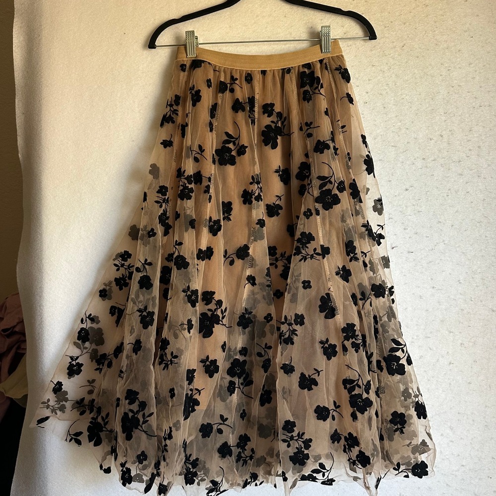 Chicwish Tan Mesh Flocked Black Velvet Floral Midi Skirt Elastic Waist A-Line